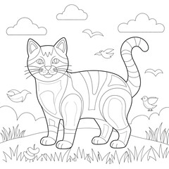 “Cute Cat Coloring Page – Adorable Cartoon Kitten Line Art with Birds, Clouds, and Nature Background for Kids Coloring Book and Printable Activities”
