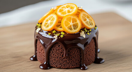 Mini chocolate drip cake topped sliced kumquats edible gold flakes pistachio pieces wooden surface bright presentation modern dessert close up shot