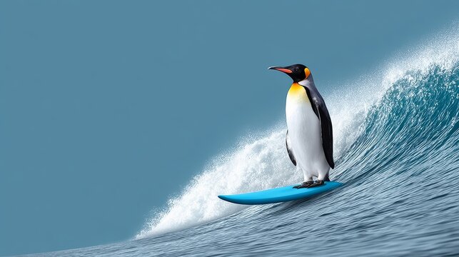 Penguin standing confidently on a blue surfboard, riding a wave in the ocean, showcasing a unique blend of wildlife and surfing culture, embodying adventure and fun