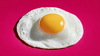 Fried egg with a bright yellow yolk resting on a white surface, set against a vibrant pink background, showcasing culinary art and food photography aesthetics