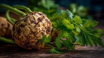 Close up of celeriac root with green leaves on a wooden surface top