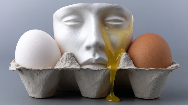 Abstract composition featuring a white sculpted face with eggs in a carton, one egg cracked and spilling yolk, creating a surreal and thought-provoking visual narrative about fragility and creation