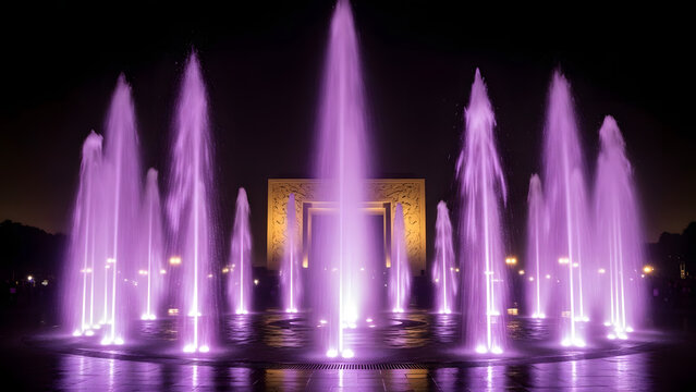 Illuminated water fountain at night, showcasing an architectural landmark, the water jets are bathed in purple light. The night sky provides a dramatic backdrop - Powered by Adobe