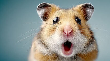Adorable small hamster with wide-open mouth, showcasing surprise and curiosity, against a soft gradient background, capturing the essence of playful pet expressions and animal charm