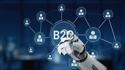 A robotic hand represents a futuristic B2C concept, showcasing digital connections and user icons that signify the evolving landscape of business marketing strategies. Synapse