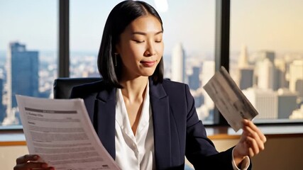 Focused professional woman reviewing document and credit card in office setting with city view