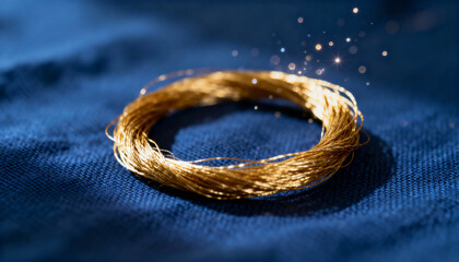 A coil of shiny golden thread on a dark blue fabric background. Magical sparkling lights with a fantasy concept. Luxury and precious material close-up