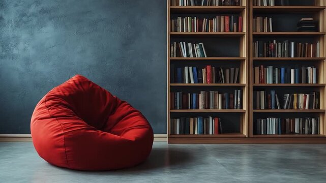 Red beanbag chair beside a bookcase filled with books against a textured, blue wall