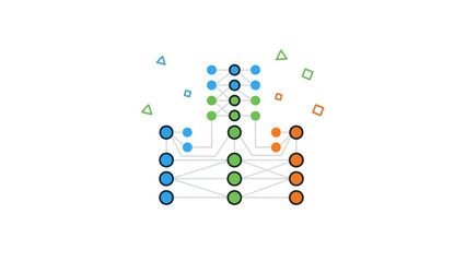 Neural network diagram showing layers of interconnected nodes in blue green and orange with surrounding shapes