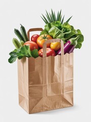 Paper bag filled with fresh vegetables including tomatoes cucumbers and leafy greens on white backdrop