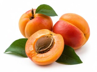 Still life of three apricots with leaves one apricot is cut in half showing the pit on white background