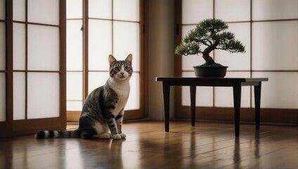 Cat sitting in a room with a bonsai tree and a window.