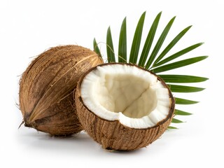 A whole coconut and a halved coconut with a palm leaf on a white background in a studio shot
