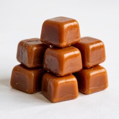 A close up shot of a stack of seven caramel candies on a white surface in a studio setting