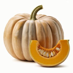 A whole pumpkin with a slice showing the seeds on a white background in a studio shot close up view