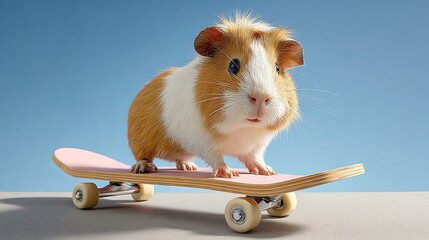 Adorable small animal, a guinea pig, balancing on a skateboard, showcasing playful spirit and unique personality, set against a soft blue background with minimal distractions