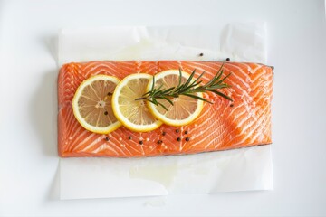 A top down view of salmon fillet with lemon slices and rosemary on white parchment paper flat lay