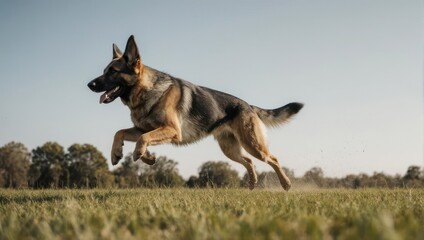 Naklejka premium Energetic German Shepherd Dog Leaping Joyfully Across a Grassy Field on a Sunny Day.