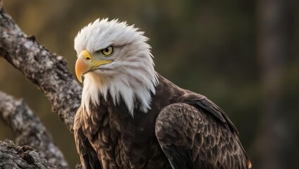Obraz premium Majestic Bald Eagle Perched on Branch, Sharp Gaze, Detailed Plumage.