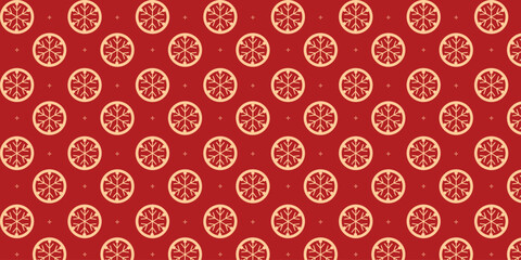 Seamless festive pattern with circular golden snowflake emblems and tiny star accents on a rich red background, perfect for Christmas wrapping paper, luxury packaging, greeting cards and elegant holid
