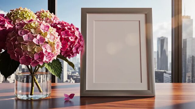 Framed artwork mockup with floral arrangement and cityscape view