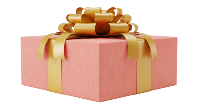 Elegant pink gift box with golden ribbon isolated PNG, present for birthday celebration and special occasions on transparent background