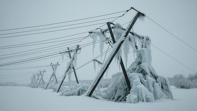 Broken icy utility poles and fallen power cables after destructive winter storm causing widespread electrical outage and dangerous frozen conditions.