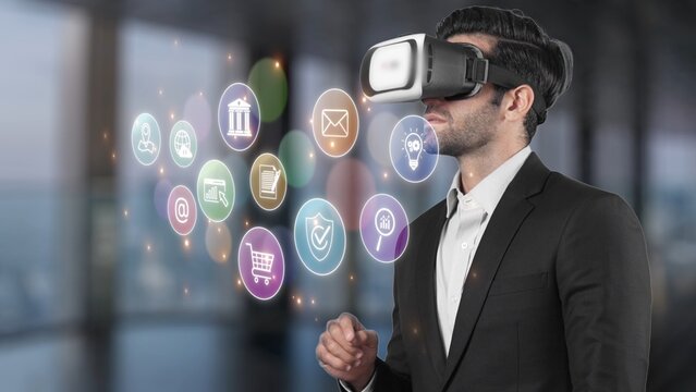 A businessman engages with virtual reality technology, interacting with vibrant digital icons that represent finance, communication, and shopping in a sleek office setting. Raster