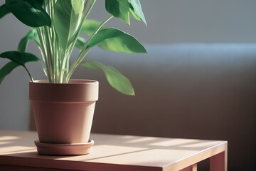 Potted Green Plant in Soft Natural Light on Wooden Table
