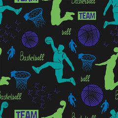 A bold urban-style repeat pattern built from basketball silhouettes, graphic hoops, textured balls and sporty lettering. Ideal for teen fashion, streetwear, accessories, posters and active lifestyle