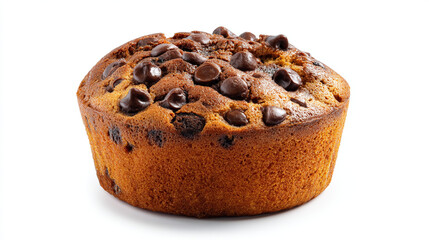 A chocolate chip muffin isolated on a white surface in close up view