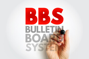 BBS Bulletin Board System acronym handwritten. Classic communication and information sharing concept related to online forums and digital networking