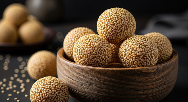 Til Ladoo Sesame Seed Balls Indian Traditional Sweet Dessert Stacked in Rustic Wooden Bowl on Dark Background with Scattered Seeds