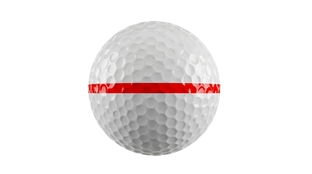 Golf ball with red stripe isolated PNG, sports equipment for golf course and recreational activity on transparent background