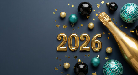 Golden 2026 Numbers with Champagne Bottle and Festive Ornaments on Dark Blue Background