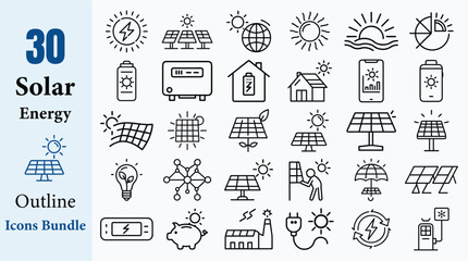 30 Solar Energy Outline Icons Vector Bundle Set Panel Sun Renewable Power