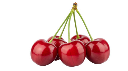 Five ripe red cherries PNG isolated on transparent background, fresh summer fruit for healthy eating and dessert concepts