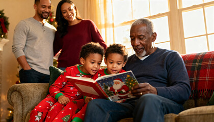 Grandfather reading a Christmas storybook to his two grandsons on the couch. A multi-generational African American family celebrating the holidays together. Family bonding and tradition