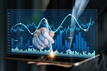 A professional holds a tablet displaying dynamic financial graphs. This image represents modern business analytics and data-driven decision making for corporate environments. Scalp