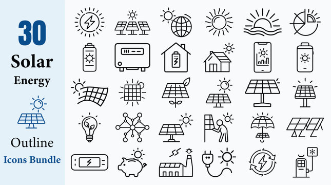 30 Solar Energy Outline Icons Vector Bundle Set Panel Sun Renewable Power