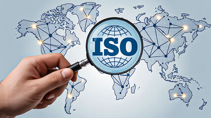 Hand holding magnifying glass over world map with “ISO” and digital network graphics representing global standardization