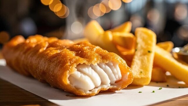 Golden crispy fish and chips with a steaming fillet and side of sauce