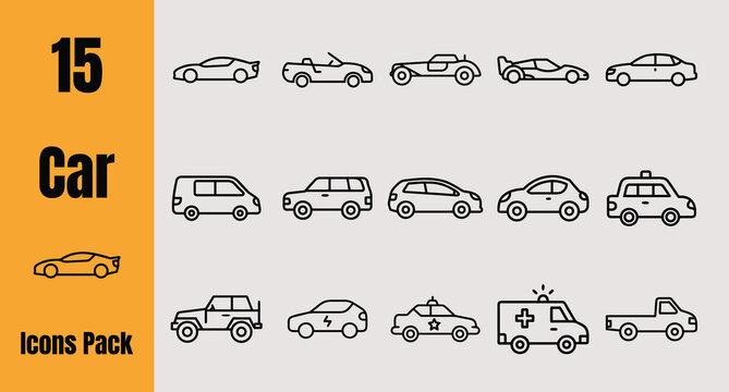 15 Car Outline Icons Vector Pack Sedan SUV Taxi Ambulance Vehicle Set