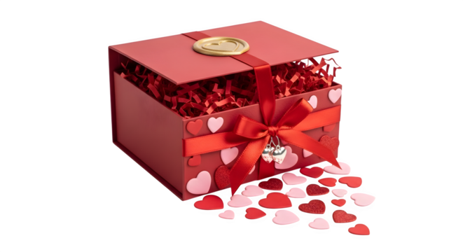 Red Gift Box with Hearts, isolated on transparent background