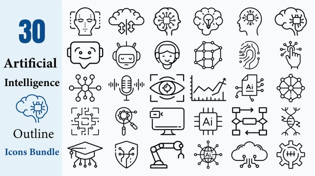 30 Artificial Intelligence Outline Icons Vector Bundle Set AI Robot Machine Learning