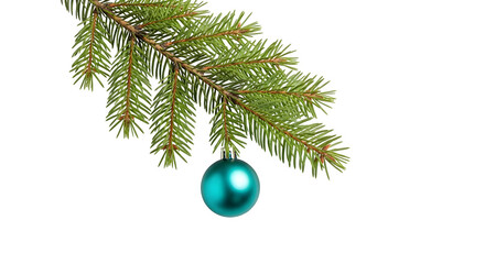 Christmas tree branch with teal ornament, isolated on transparent background