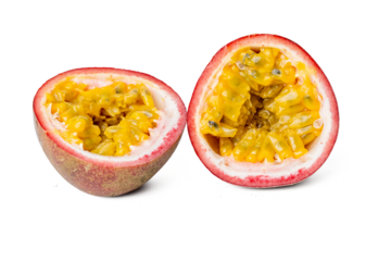 High-resolution photograph of fresh passion fruit isolate on white, taken with a high-resolution 45MP camera