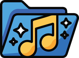 Blue folder icon with a golden musical note and sparkling stars representing a music collection vector graphic