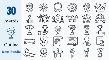 30 Awards Outline Icons Vector Bundle Set Achievement Trophy Badge Certificate