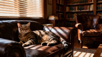 A beautiful tabby cat is comfortably asleep on a brown leather armchair in a cozy home library with filled bookshelves in the background.